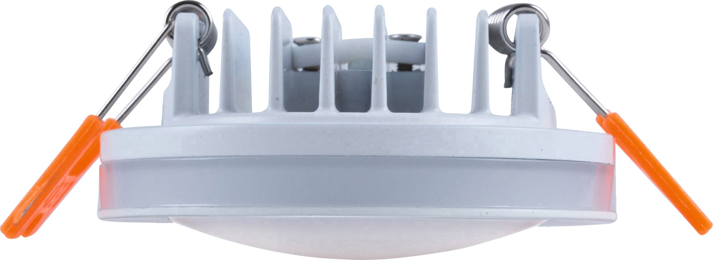 Runde LED-Einbauleuchte mit Kühlrippen, Aufhängung und orangefarbenen Clip-Haltern. Ideal für moderne Deckenbeleuchtung.