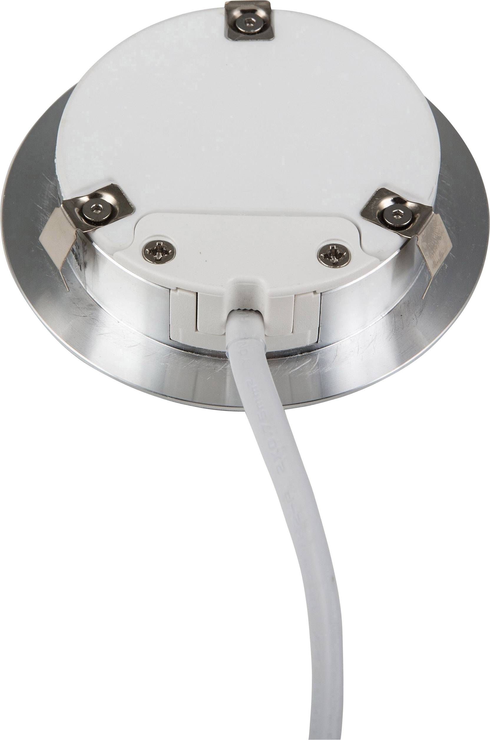 Unterseite einer runden Metallleuchte mit Kabelanschluss, am Rand mit Schrauben befestigt.