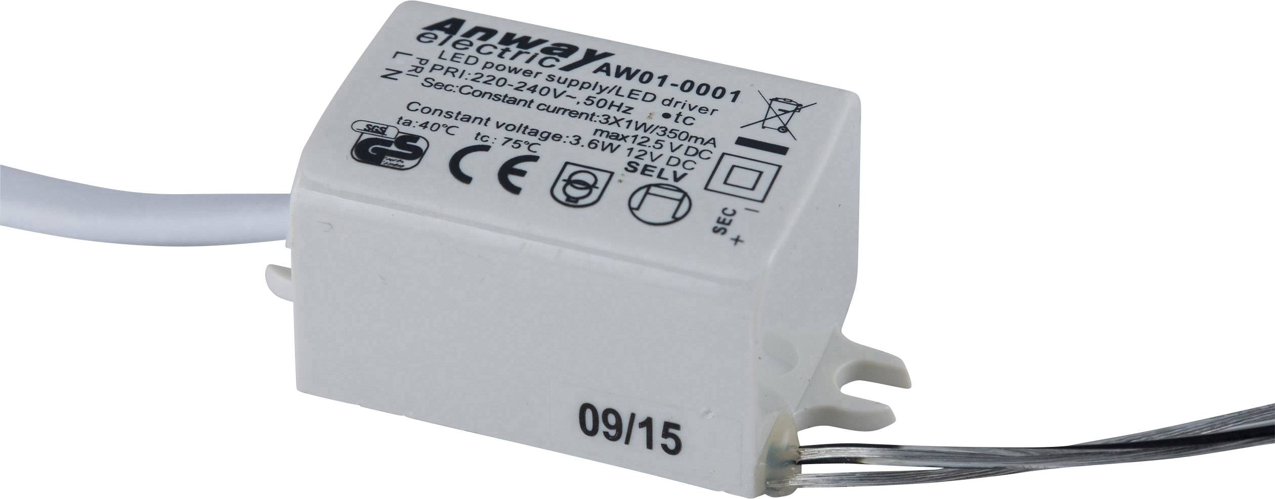 Ein rechteckiger LED-Treiber mit technischen Spezifikationen auf der Oberfläche, einschließlich Spannung, Leistung und Herstellerdatum.