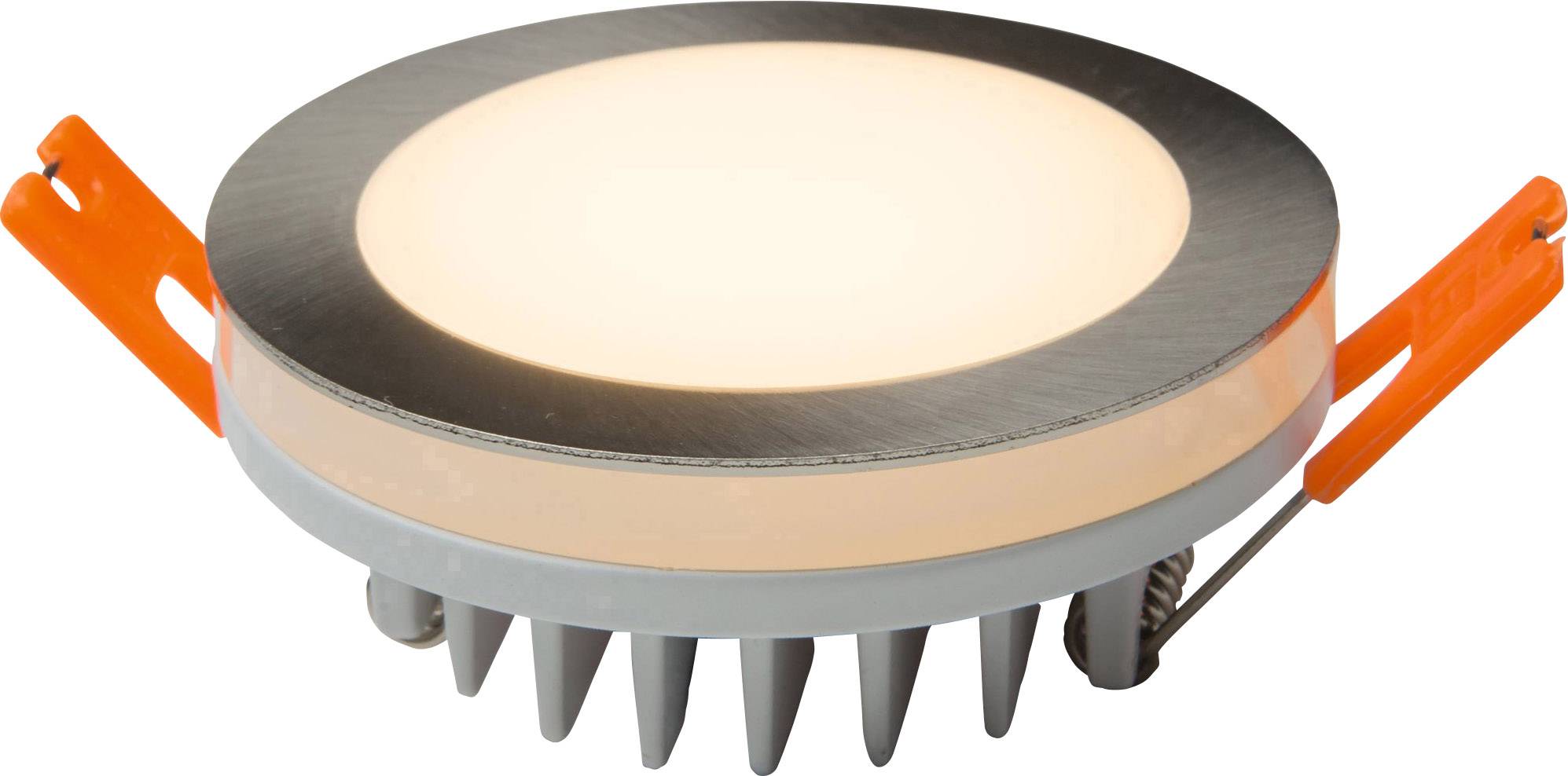 Ein LED-Downlight mit runder, flacher Form, silbernem Rand und orangefarbenen Halterungen an den Seiten.