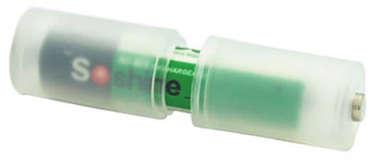 Transparenter Kunststoffzylinder mit darin liegender AA-Batterie, sichtbar durch das Gehäuse.