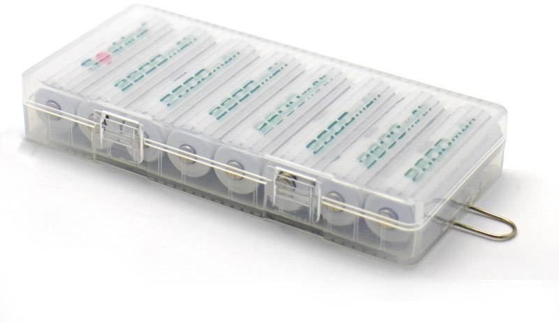 Eine durchsichtige Plastikbox, die acht wiederaufladbare Batterien enthält.