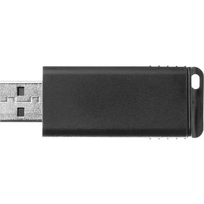 Ein schwarzer USB-Stick, teilweise sichtbar, mit Metallstecker links.