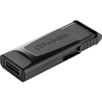 Ein schwarzer USB-Stick mit Schiebeverschluss und dem Logo von 'Verbatim' an der Seite, auf einer weißen Oberfläche liegend.