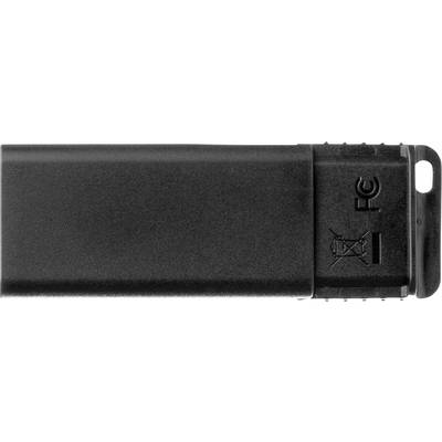 Ein schwarzer USB-Stick mit abnehmbarem Verschluss; Symbole für 'Mülltonne' und 'CE' sind sichtbar.