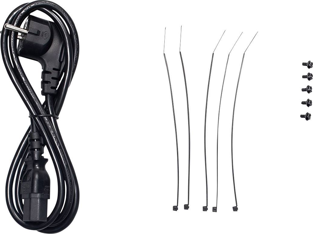 Stromkabel, vier Kabelbinder und sechs Schrauben auf weißem Hintergrund.