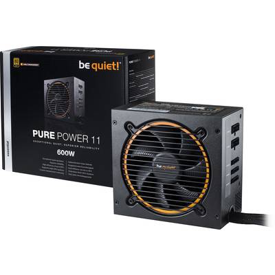 'be quiet! PURE POWER 11' Netzteil mit 600W Leistung neben der Verpackung. Das Netzteil hat ein Lüftergitter und mehrere Anschlüsse.