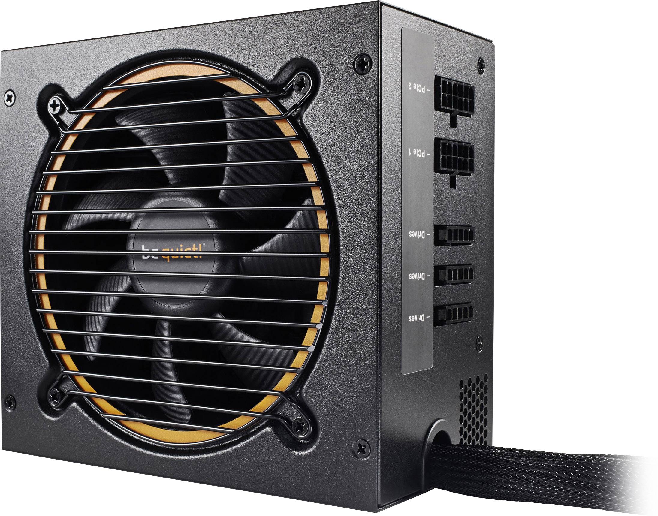 Schwarzes Computernetzteil mit Lüfter und mehreren Stromanschlüssen auf der Seite, geeignet für PC-Bau und -Reparaturen.
