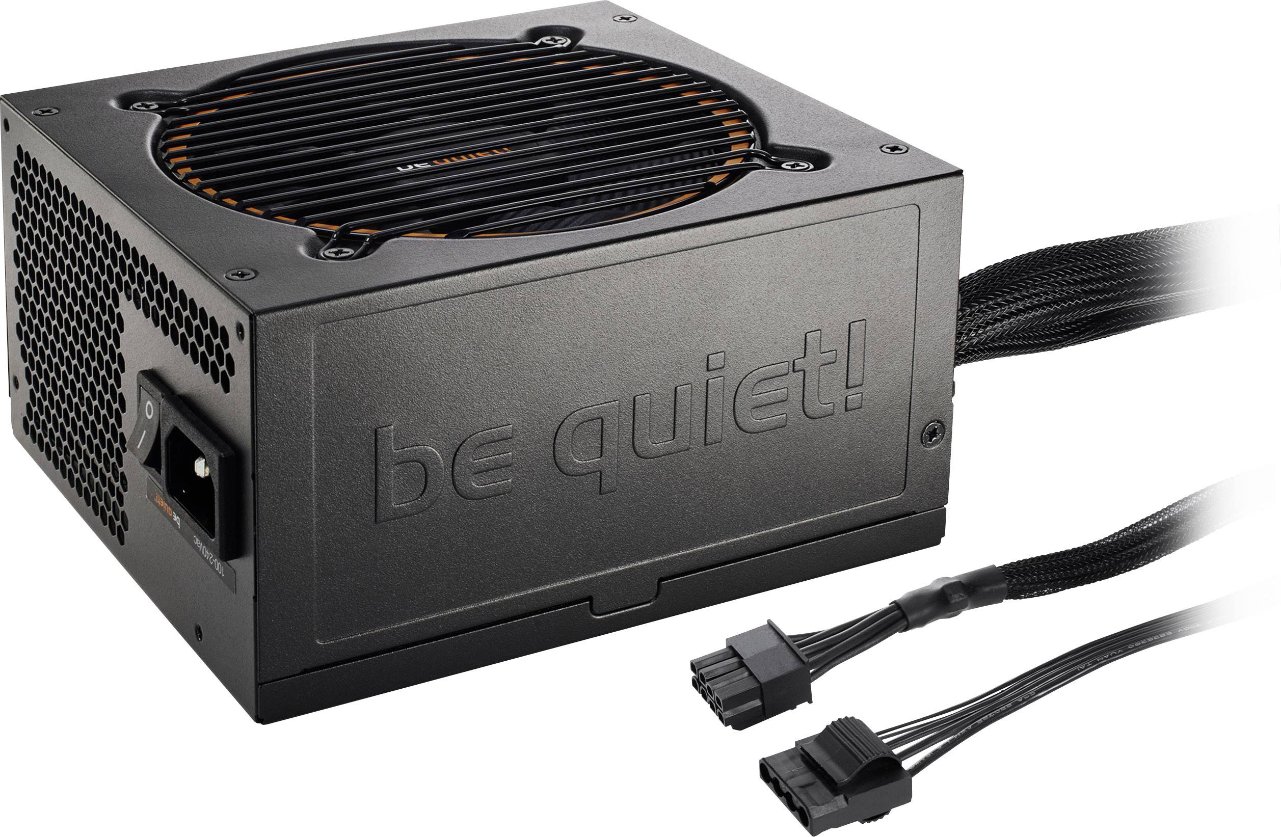 Netzteil mit Lüftergitter, Markenname 'be quiet!' auf der Seite. Zwei Kabel mit Anschlüssen. Gerät für Computer-Stromversorgung.