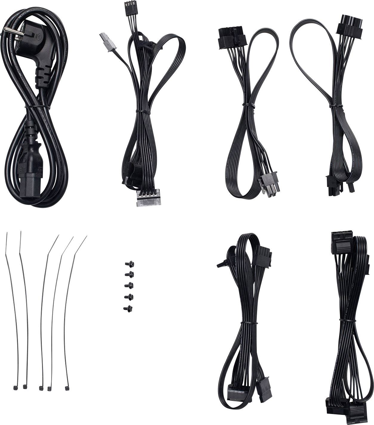 Schwarze Kabel und Befestigungsmaterialien, darunter Kabelbinder und Schrauben, für elektronische Anschlüsse und Montage.