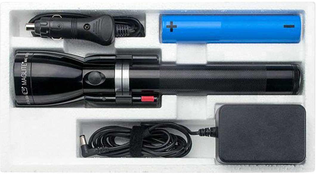 'Taschenlampen-Set in Schaumstoffverpackung mit Aufladegerät, blauem Akku und Autoadapter.'