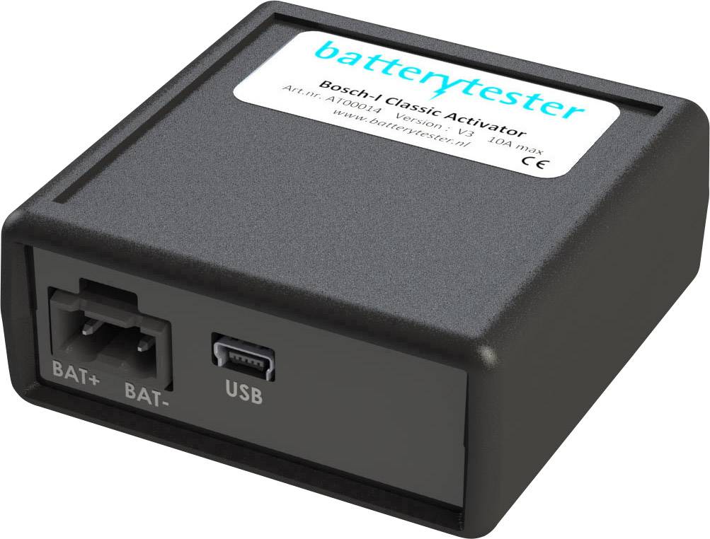 Schwarzes Gerät mit Aufdruck 'batterytester'. Hat Anschlüsse für 'BAT+' und 'USB'. Beschriftung 'Bosch-I classic Activator'.