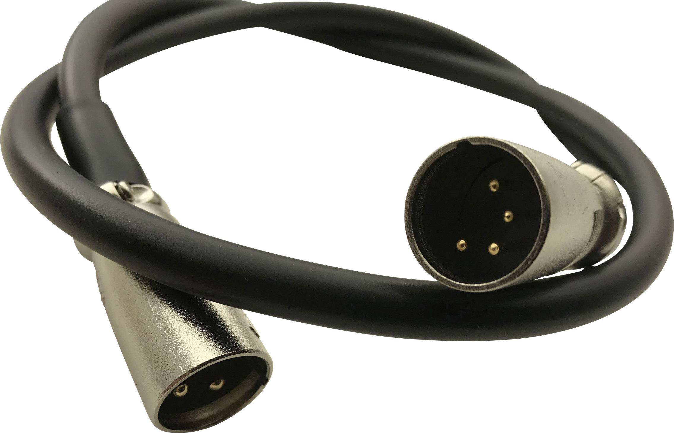 Ein schwarzes XLR-Kabel mit einem männlichen und einem weiblichen Stecker, das oft für Audioverbindungen verwendet wird.