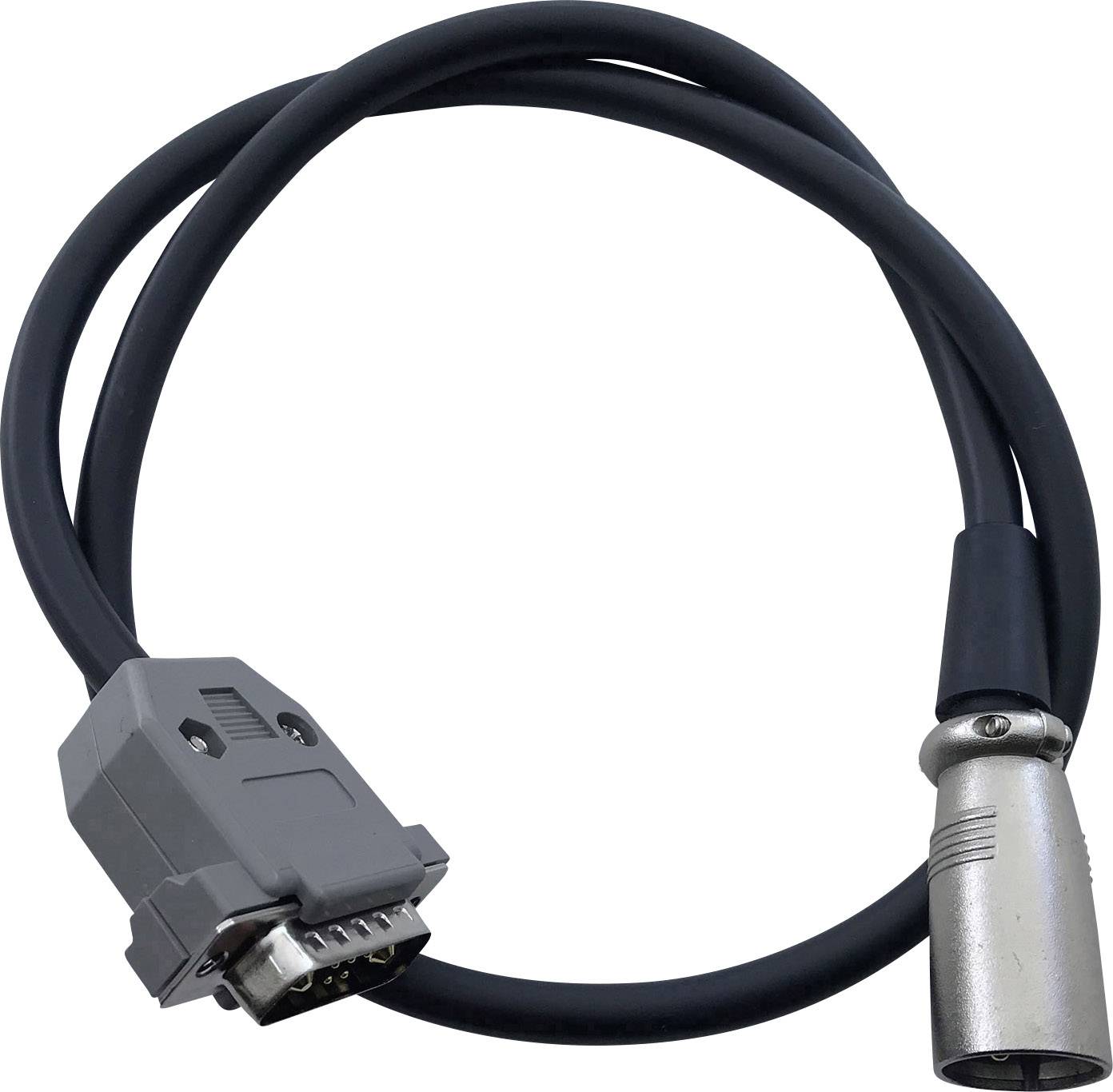 Ein schwarzes Kabel mit einem grauen, rechteckigen Stecker und einem silbernen, runden Stecker an den Enden, geeignet für elektronische Verbindungen.