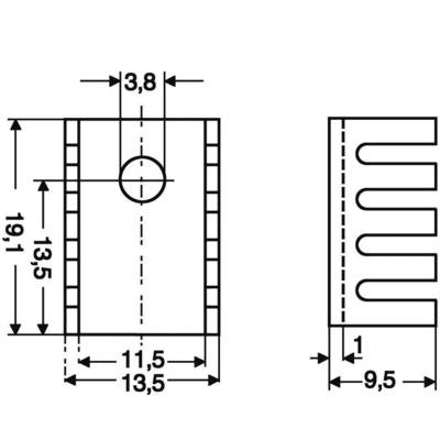 Technische Zeichnung eines Kühlkörpers mit Maßen: Höhe 19,1 mm, Breite 13,5 mm, Öffnungen und Dicke präzise angegeben.
