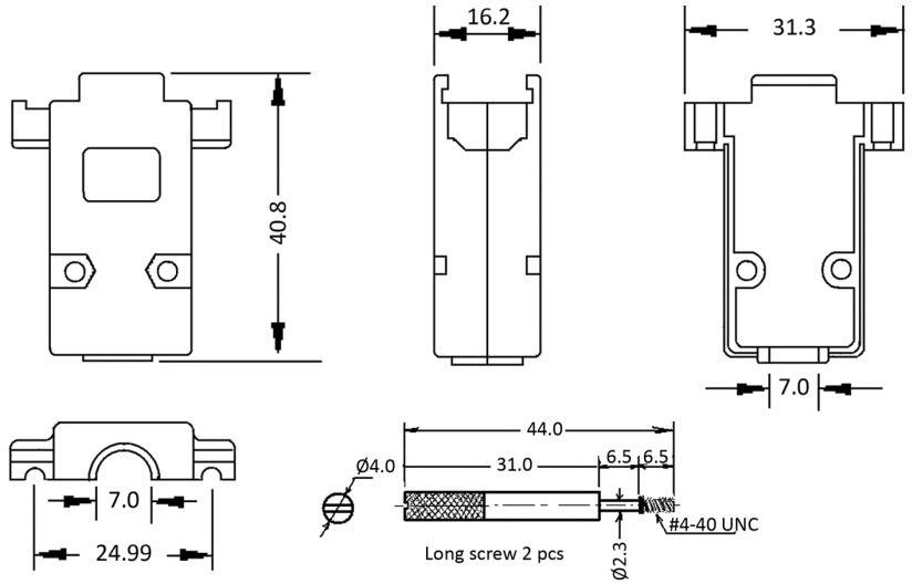 Technische Zeichnung eines Steckverbindergehäuses mit Abmessungen in Millimetern. Mehrere Ansichten: Vorder-, Seiten-, Draufsicht. Schraubendetails unten gezeigt.