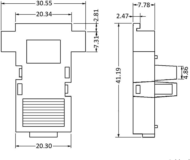Technische Zeichnung eines Steckverbinders mit Bemaßungen in Millimetern: Breite 30,55 mm, Höhe 41,19 mm, Tiefe 7,78 mm.