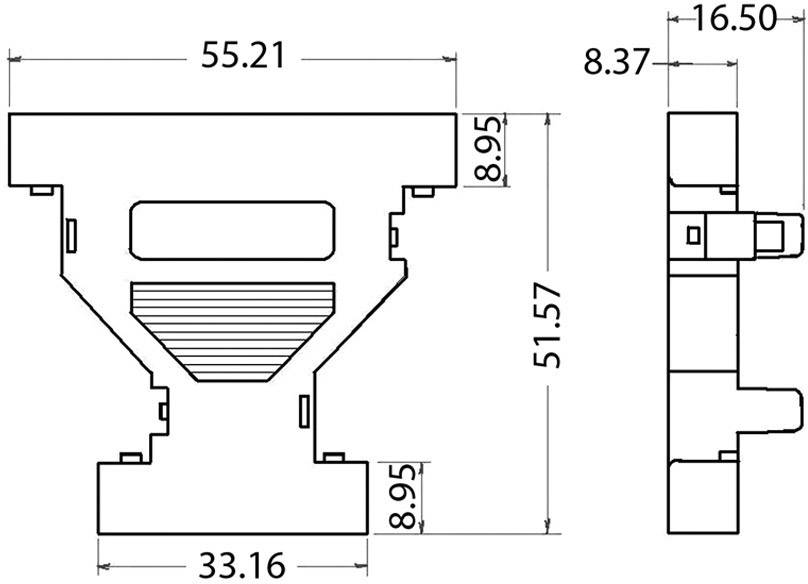 Technische Zeichnung eines Teils mit Abmessungen: Breite 55,21 mm, Höhe 51,57 mm, Tiefe 16,50 mm. Zeigt Ansichten und Maße.