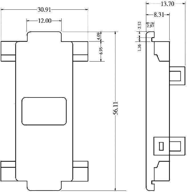 Technische Zeichnung eines rechteckigen Bauteils mit Maßen in Millimetern. Frontal- und Seitenansicht zeigen Breite, Höhe und Tiefe.
