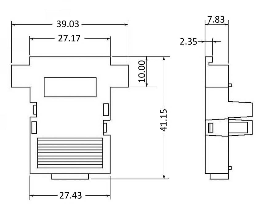 Technische Zeichnung eines Steckers mit Abmessungen: Breite 39,03 mm, Höhe 41,15 mm, Tiefe 7,83 mm; Details der Form und Anschlüsse.