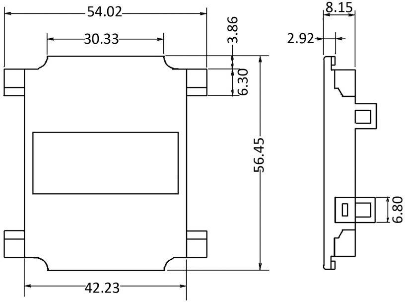 Technische Zeichnung eines rechteckigen elektronischen Bauteils, zeigt Front- und Seitenansicht mit Maßen in Millimetern.
