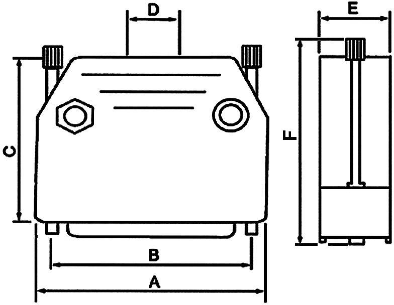 Technische Zeichnung eines rechteckigen Bauteils mit verschiedenen Maßangaben: A, B, C, D, E, F. Zeigt Vorder- und Seitenansicht.