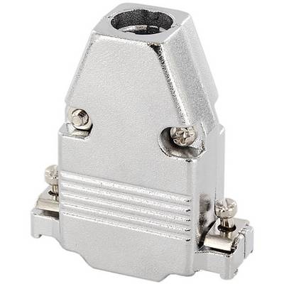 Metallisches Gehäuse für D-Sub-Stecker mit Schraubbefestigungen, geeignet für industrielle und elektronische Anwendungen.