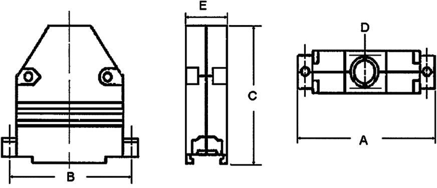 Technische Zeichnung eines Bauteils mit Beschriftungen A-D, zeigt Vorder-, Seiten- und Draufsicht mit Maßangaben.