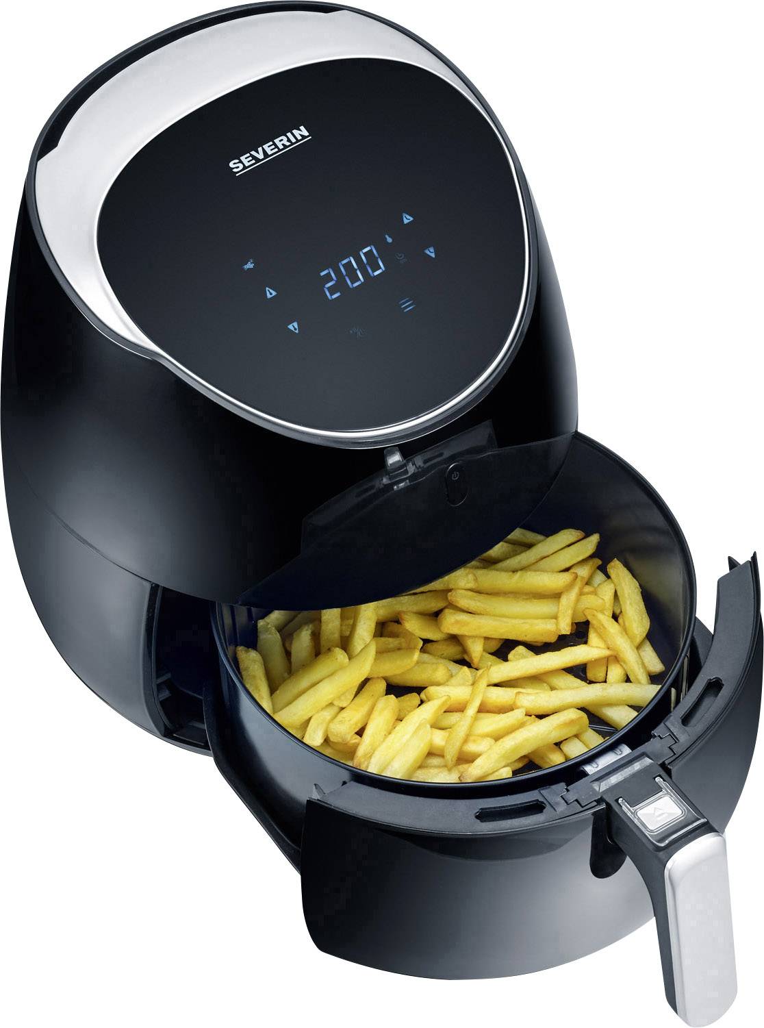 Schwarze Heißluftfritteuse mit geöffneter Schublade voller Pommes Frites und digitale Anzeige mit der Temperatur von 200 Grad Celsius.