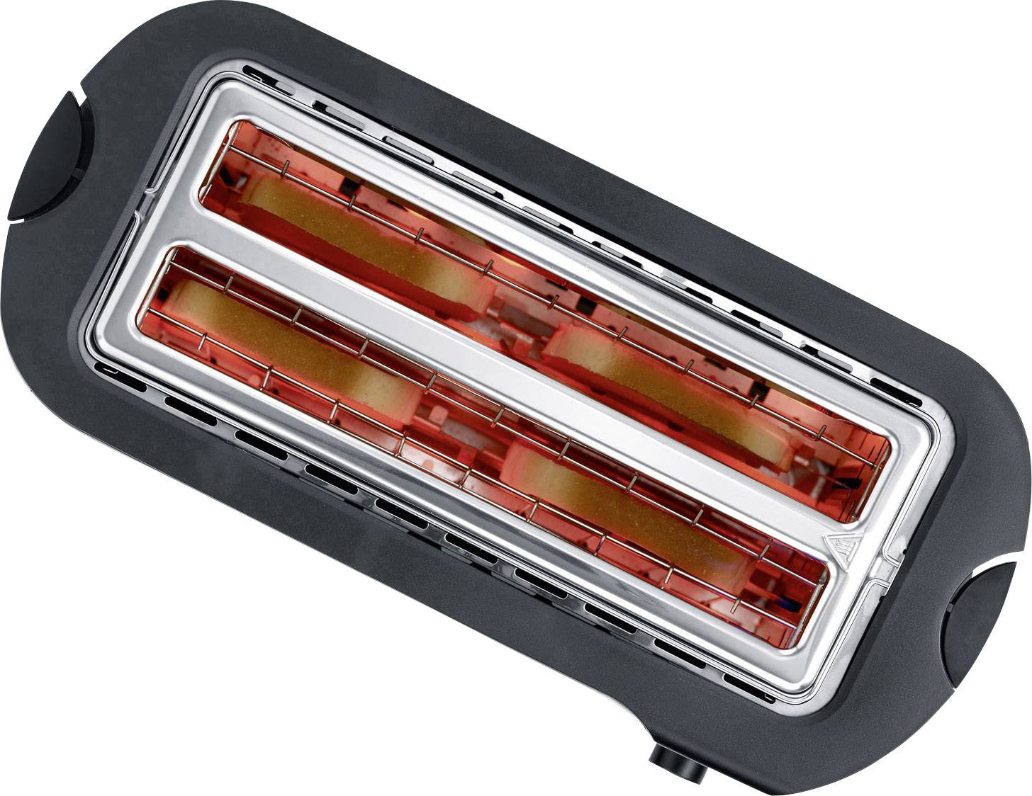 Ein Toaster mit zwei rot glühenden Heizelementen in einer rechteckigen schwarzen Umrandung.