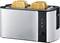 Silberner Toaster mit vier goldbraunen Toastscheiben oben. Links sind Bedienelemente für Bräunungsgrad und Funktion.