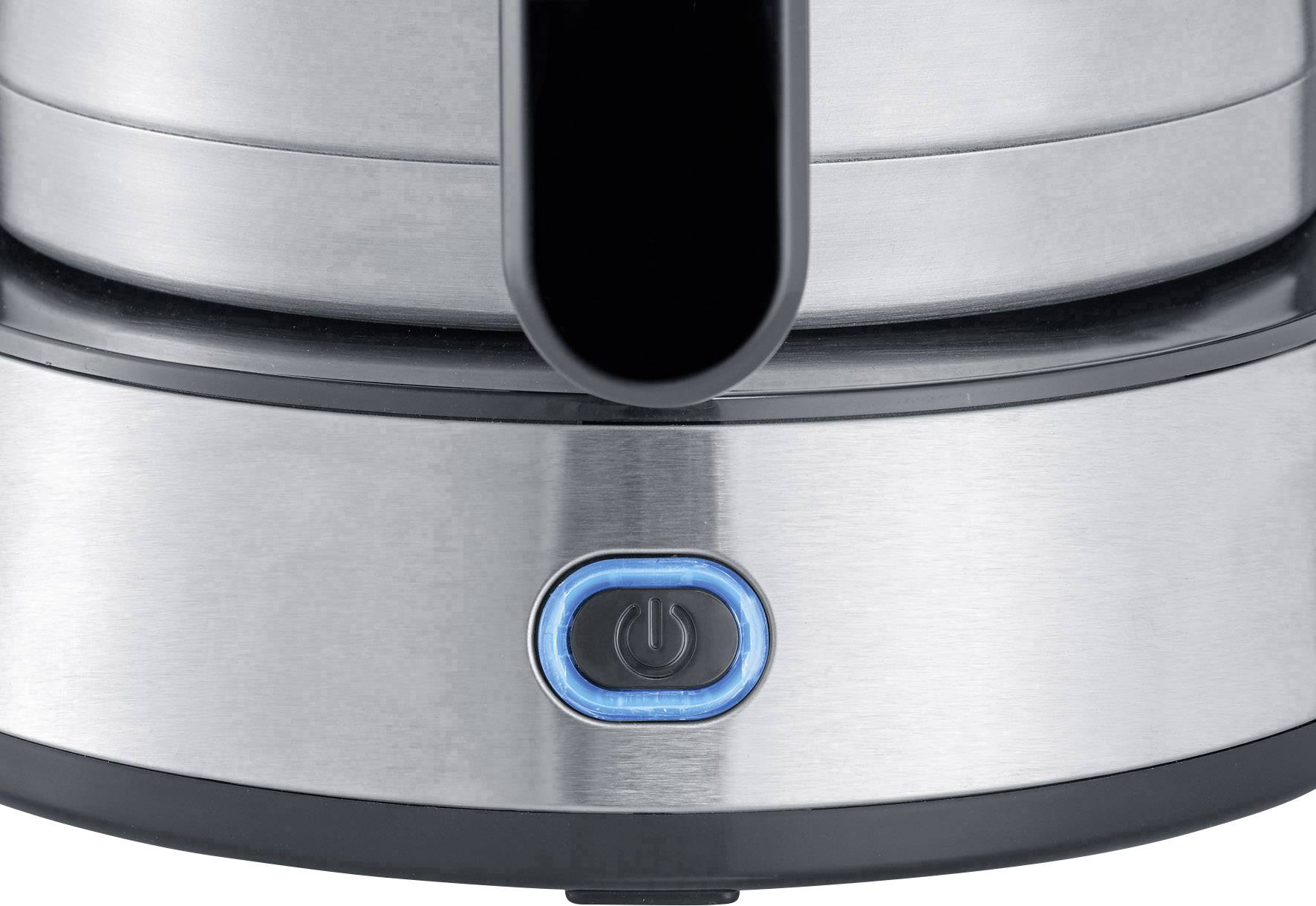 Nahaufnahme eines Edelstahl-Wasserkochers mit beleuchtetem Ein-/Aus-Schalter an der Basis.