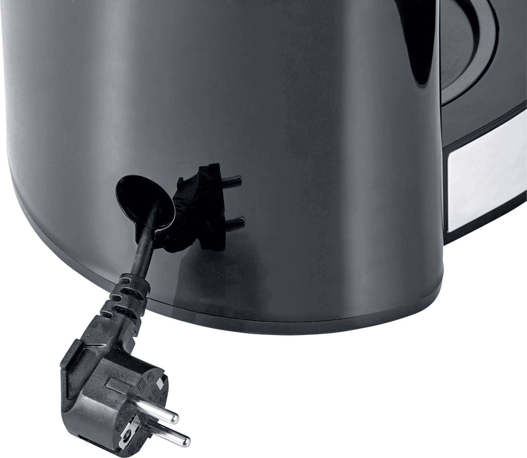 Schwarzer Wasserkocher mit Netzstecker, der aus Aufbewahrungsfach herausragt.