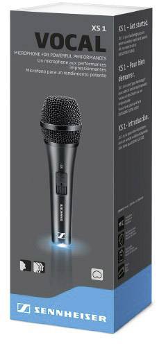 Schachtel eines Sennheiser XS 1 Mikrofon, schwarz, für kraftvolle Gesangsdarbietungen. Enthält Bedienungsanleitung in mehreren Sprachen.