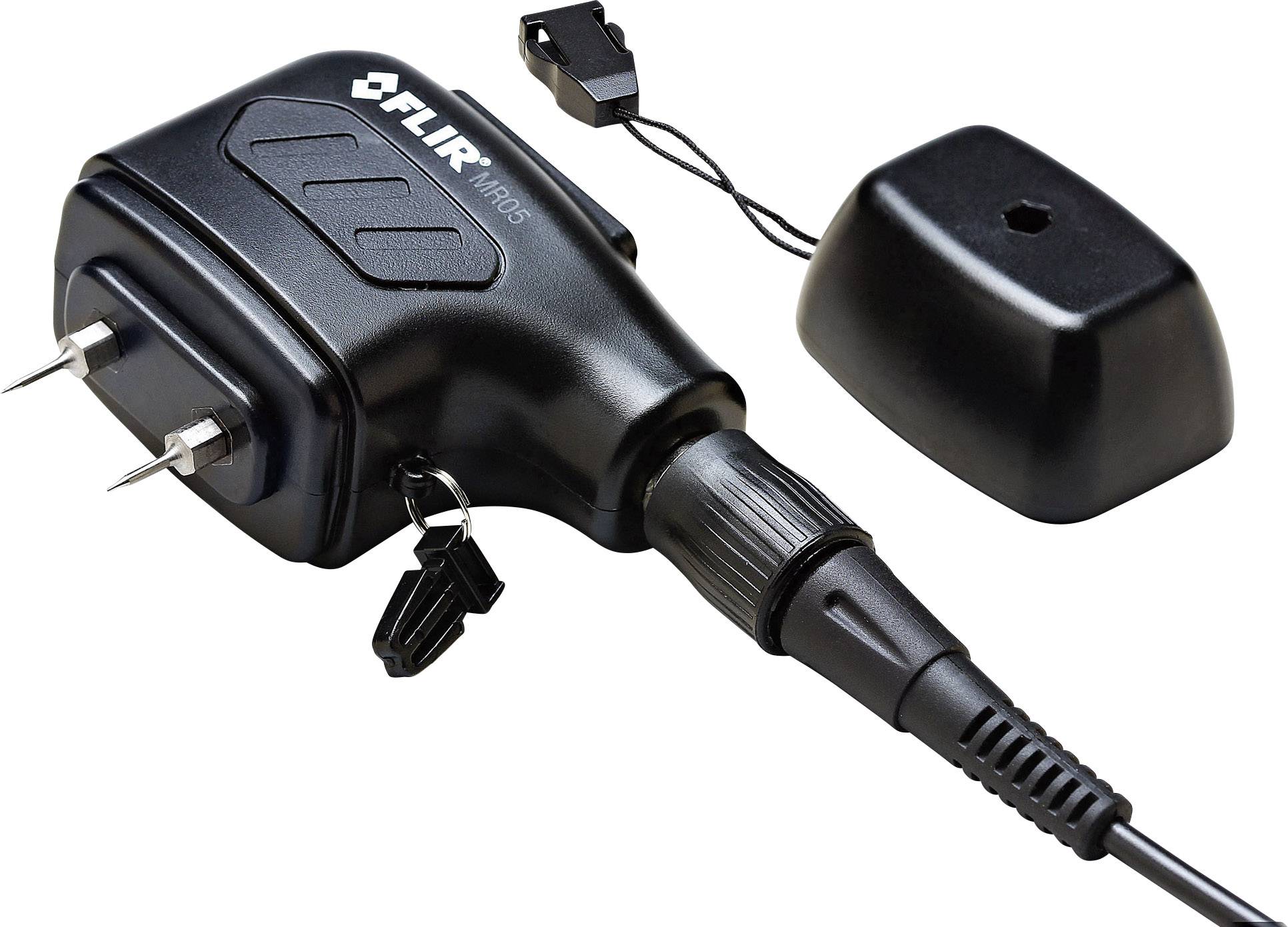 FLIR MR05 Hammeraufnehmer mit Kabel, zwei silberne Spitzen an der Vorderseite, schwarzes Gehäuse, zusätzlicher Kunststoffkopf.