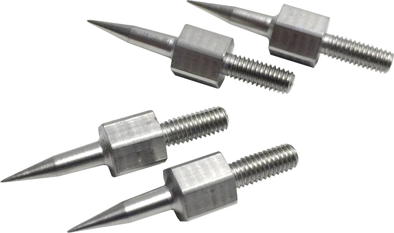 Vier Metallstiftaufsätze mit scharfen Spitzen und Gewinde, nebeneinander liegend. Sie sind aus Edelstahl gefertigt.
