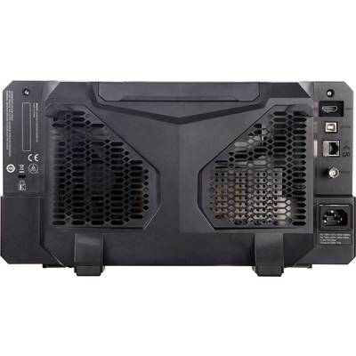Schwarzes Netzwerkgerät mit Lüftungsgittern. Anschlüsse: zwei USB, ein HDMI, ein Ethernet-Port, ein Reset-Knopf und ein Stromanschluss.