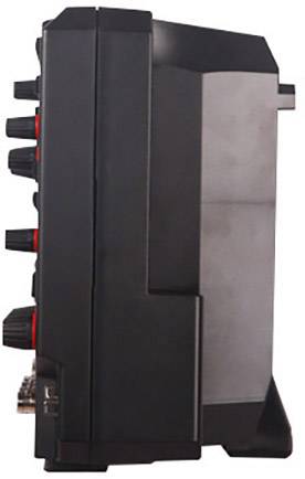 Ein schwarzes, rechteckiges elektronisches Gerät mit mehreren Drehreglern und Anschlüssen auf der Seite, seitliche Ansicht.