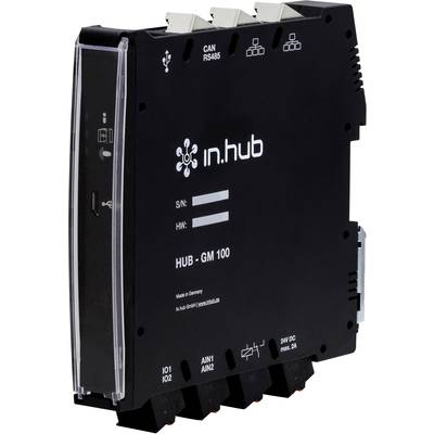 Schwarzes elektronisches Gerät mit Anschlüssen, Aufschrift 'in.hub', Modell 'HUB - GM 100', gemacht in Deutschland, von ihb (GmbH).