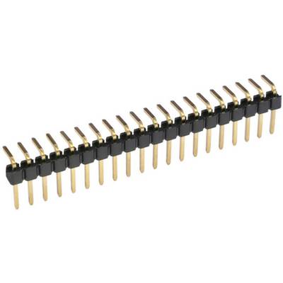 Eine goldene Stiftleiste mit mehreren Pins in zwei Reihen, verwendet zur elektrischen Verbindung von Komponenten auf Leiterplatten.