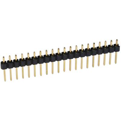 Eine einzelne Reihe von vergoldeten Stiftleisten-Pins, montiert auf einer schwarzen Kunststoffplatte, zur elektrischen Verbindung.