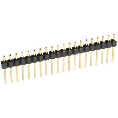 Eine einreihige, goldfarbene Stiftleiste mit schwarzen Kunststoffabstandshaltern für elektrische Verbindungen.
