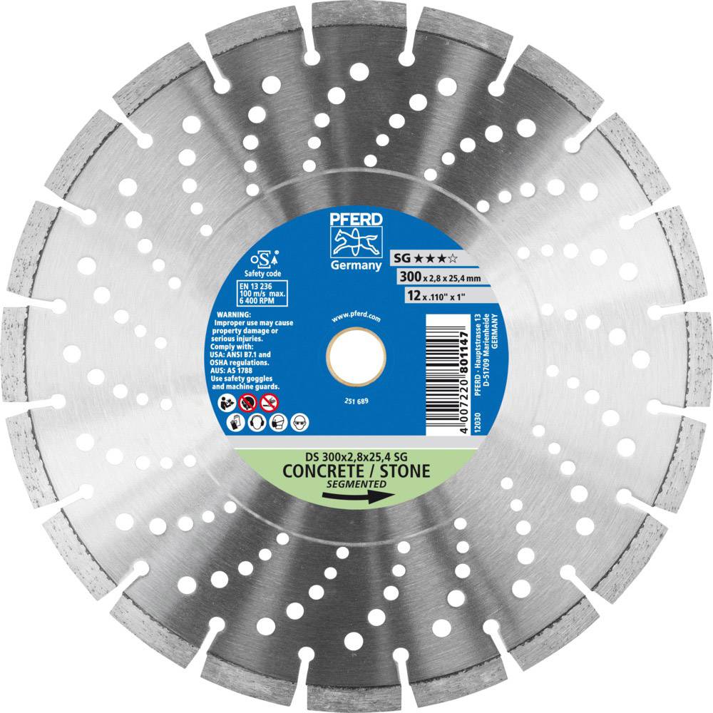 Diamanttrennscheibe - PFERD - für Beton/Gestein - Segmenthöhe 10 mm - Bezeichnung DS 300 x 2,8 x 25,4 SG - Maße (D x H) 300 x 25,4 mm - Breite 2,8 mm - max. zul. Drehzahl 6400 min-¹ - Preis per Stück