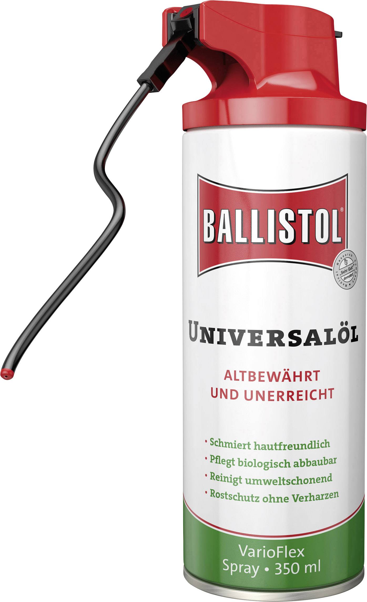 Ballistol Universalspray mit rotem Sprühkopf, 350 ml Dose. Text: 'Altbewährt und unerreicht'. Pflegeleicht und umweltfreundlich.