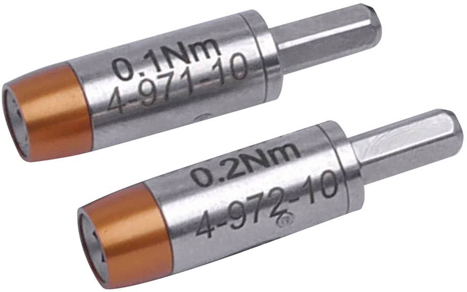 Zwei silberne Drehmomentbegrenzungsadapter mit orangefarbenen Kappen, gekennzeichnet mit '0.1Nm' und '0.2Nm' zur Werkzeugnutzung.