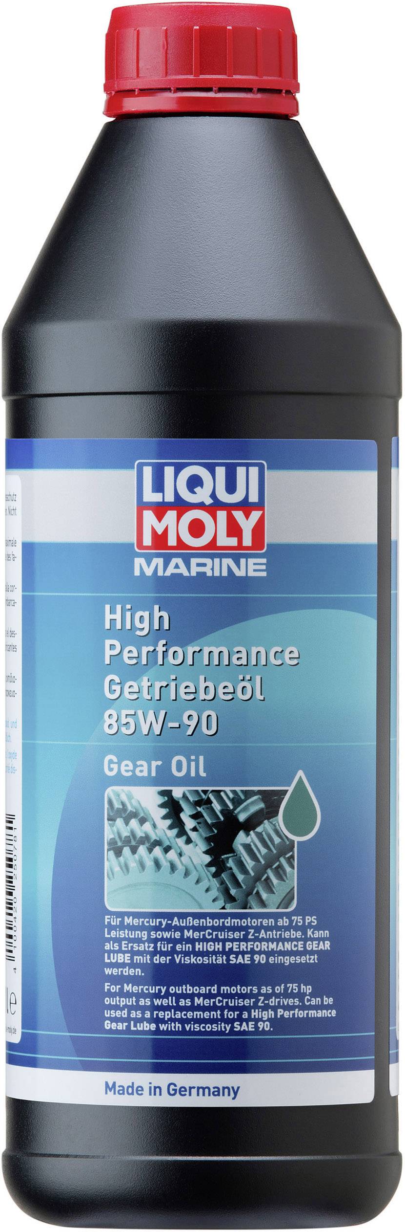 Eine Flasche 'Liqui Moly Marine High Performance Getriebeöl 85W-90', geeignet für mechanische Schaltgetriebe und steuerbare Außenbordmotoren.