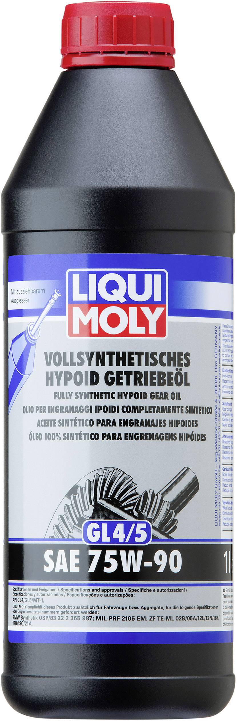 Flasche mit Liqui Moly vollsynthetischem Hypoid-Getriebeöl, SAE 75W-90, geeignet für spezielle Getriebetypen.