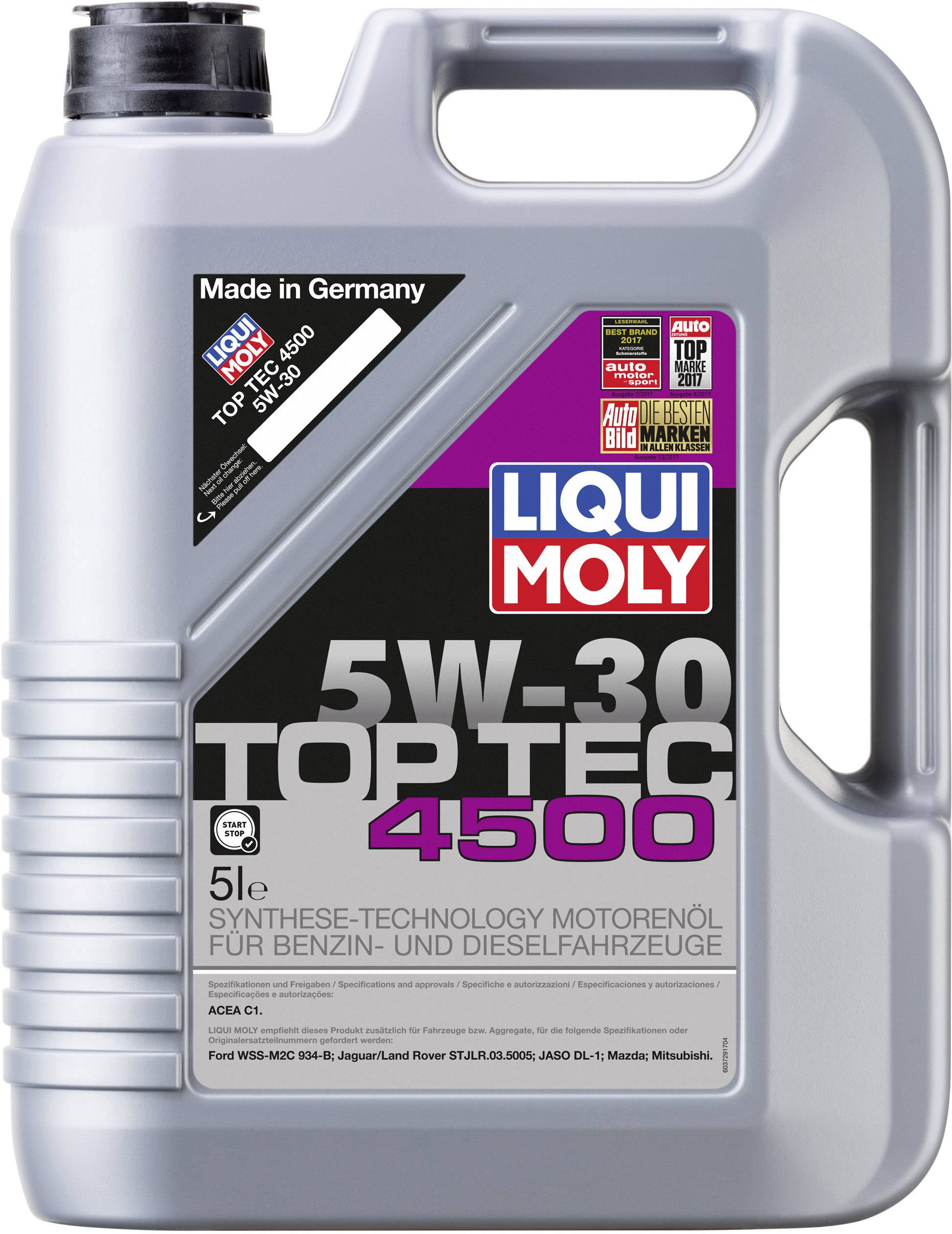 Kunststoffkanister mit 5 Litern 'Liqui Moly 5W-30 Top Tec 4500' synthetischem Motoröl für Benzin- und Dieselfahrzeuge.