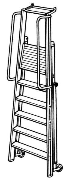 Illustration einer zusammenklappbaren Leiter mit Rädern und Handläufen, die aufrecht steht.