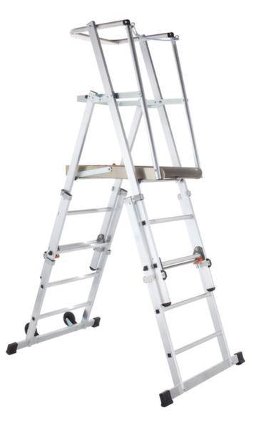 Aluminiumleiter, ausziehbar und mehrfach verstellbar, freistehend mit Sicherheitsbarrieren oben. Geeignet für Bau- oder Malerarbeiten.